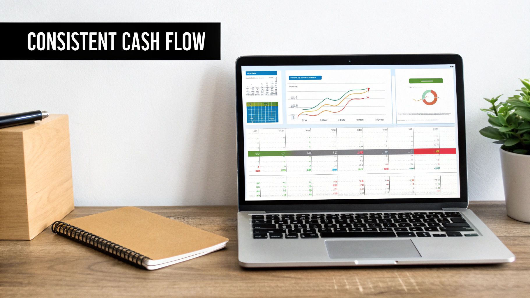 Laptop displaying financial analytics and charts for consistent cash flow on a desk.