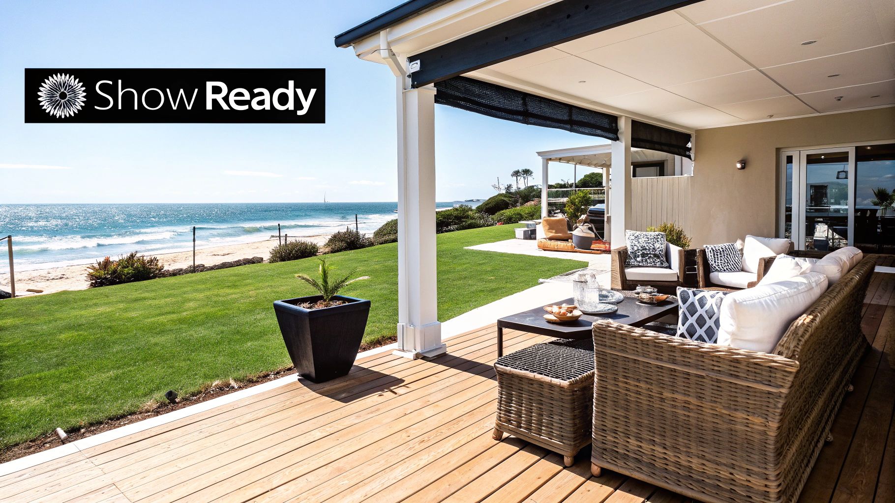 A luxurious outdoor patio with comfortable wicker furniture overlooking a green lawn and a beautiful ocean.