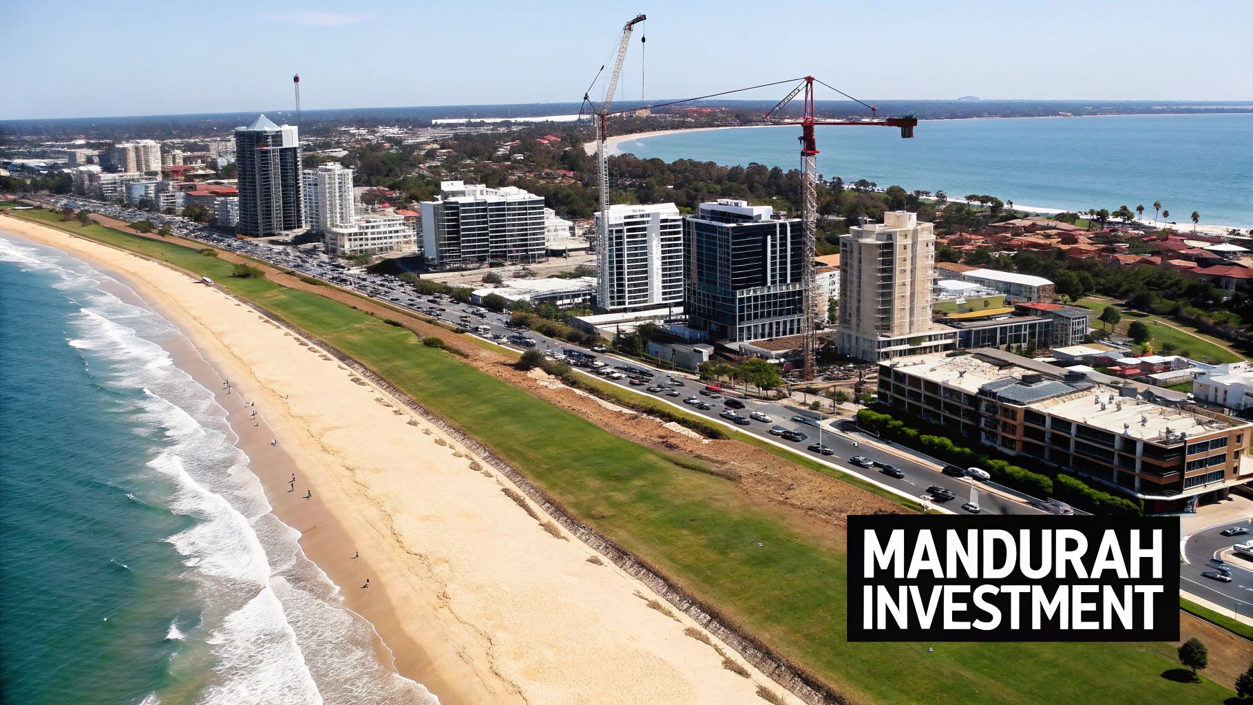 Aerial view of Mandurah, Australia, showcasing coastal development, beach, ocean, and urban landscape with construction.