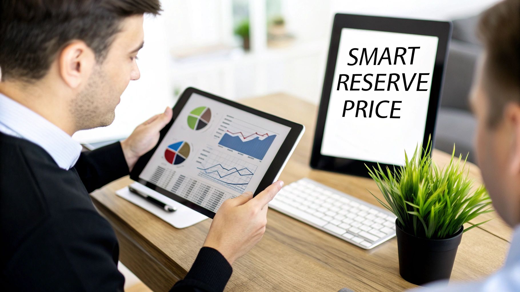Businessman analyzing charts on a tablet, with 'SMART RESERVE PRICE' displayed on a monitor.
