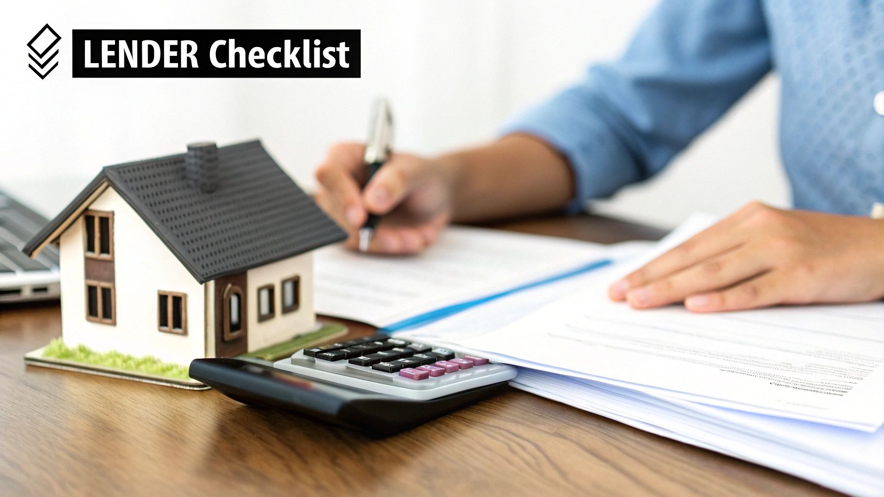 A person signs documents at a desk with a model house and calculator, labeled 'LENDER Checklist'.