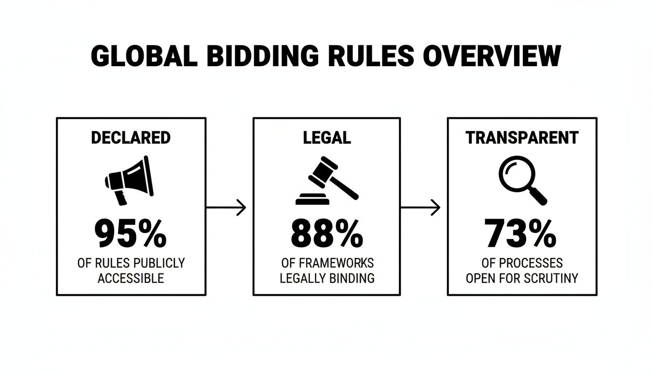 Global bidding rules overview showing declared (95%), legal (88%), and transparent (73%) processes.