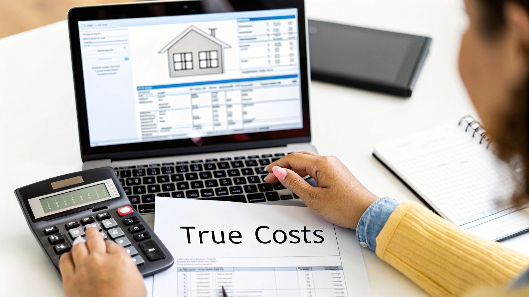 Person calculating true costs of real estate using a laptop, calculator, and financial documents.