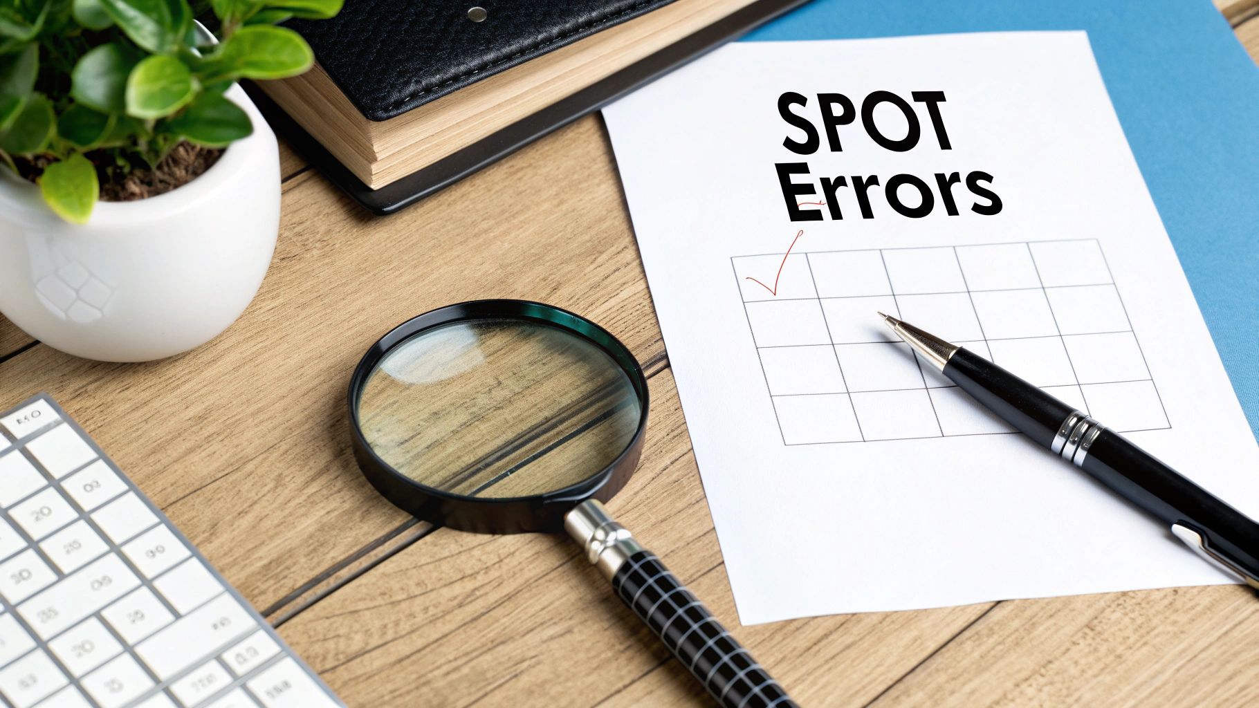 A person carefully reviewing a settlement statement with a calculator and pen, looking for errors.