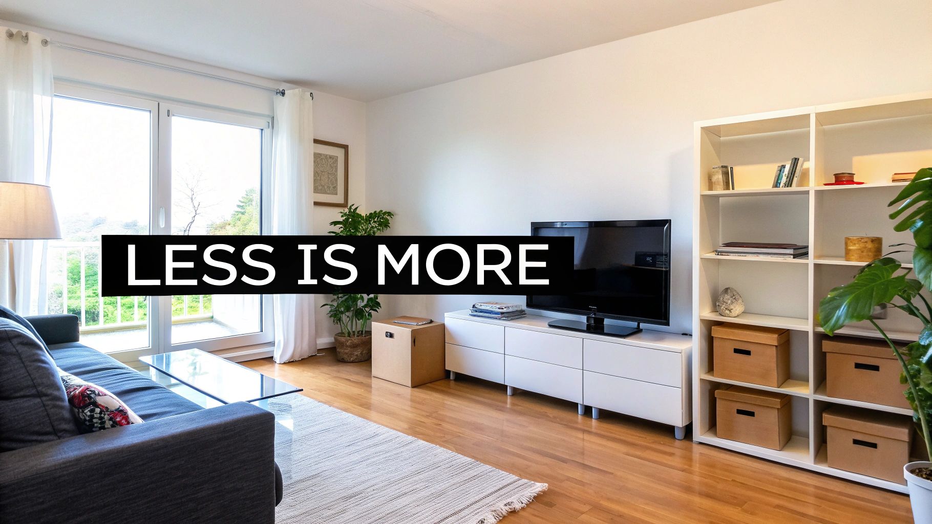 A bright, minimalist living room featuring a gray couch, television, white shelving, and large window.