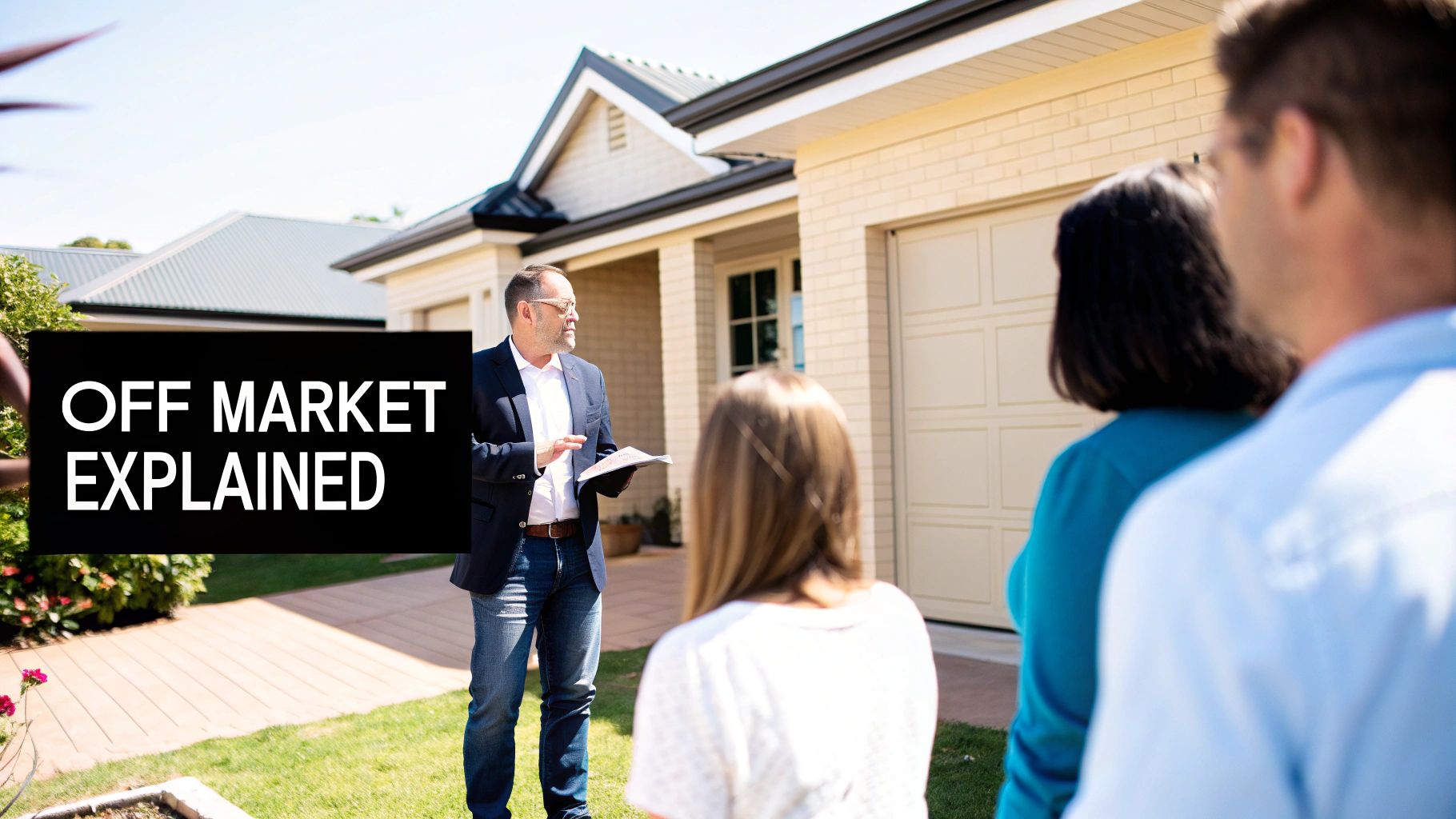 Real estate agent explaining off market property sale to potential buyers outside suburban home