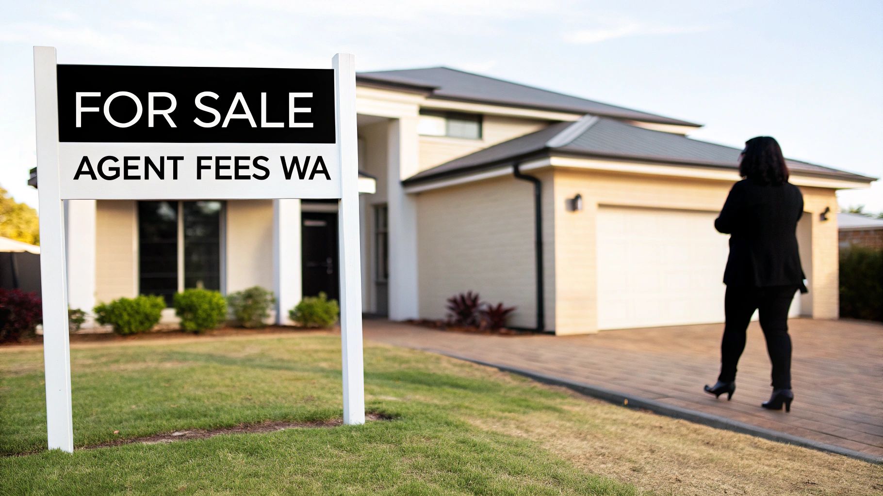 A 'FOR SALE AGENT FEES WA' sign stands prominently in front of a modern house with a real estate agent walking towards it.