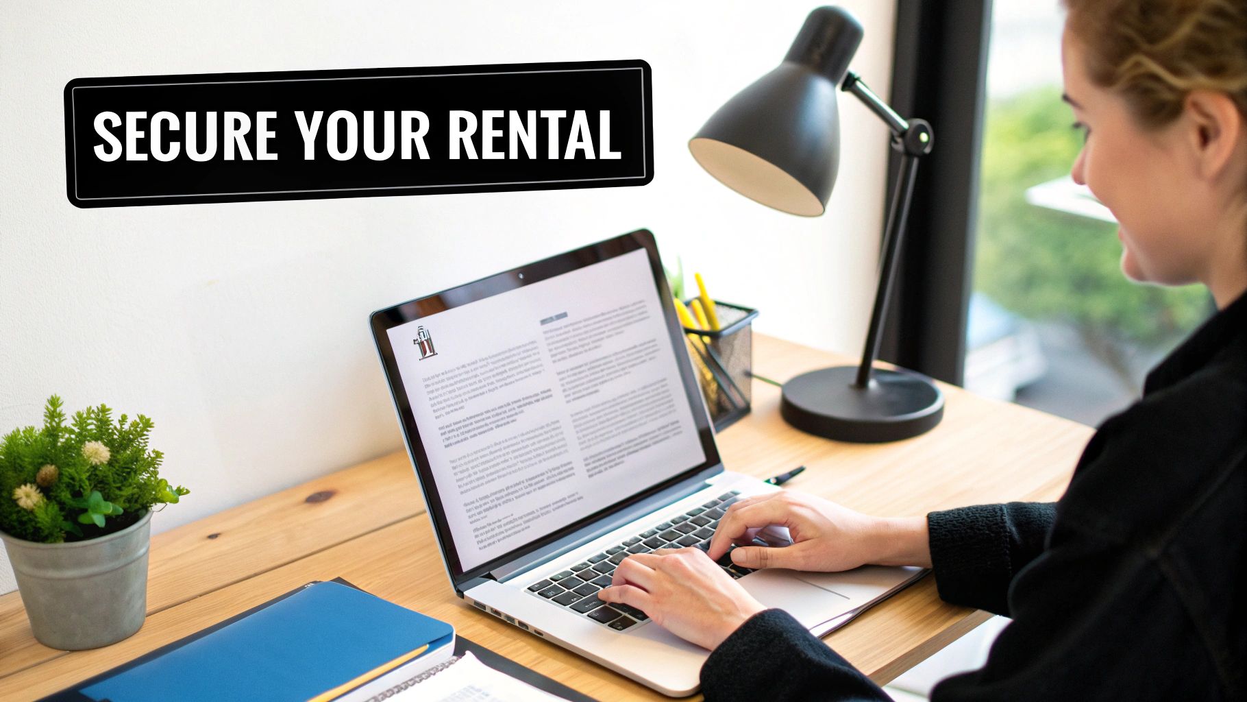 A person signing a rental agreement at a modern desk with keys next to the document.