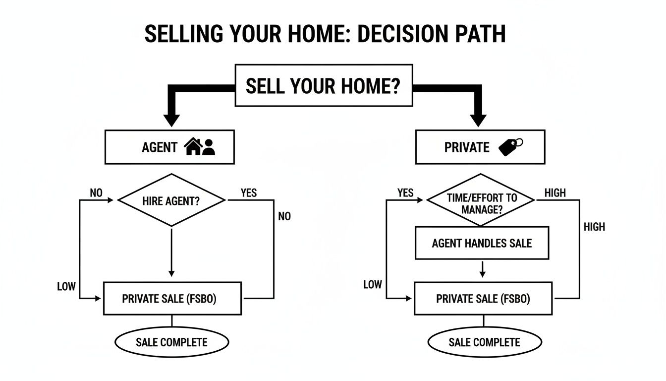 A flowchart detailing the decision path for selling a home, including agent and private sale options.