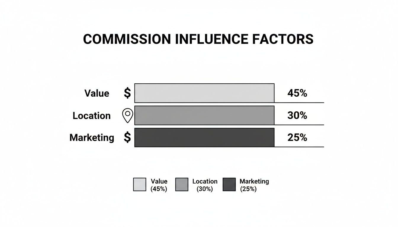 Bar chart showing commission influence factors: Value (45%), Location (30%), and Marketing (25%).