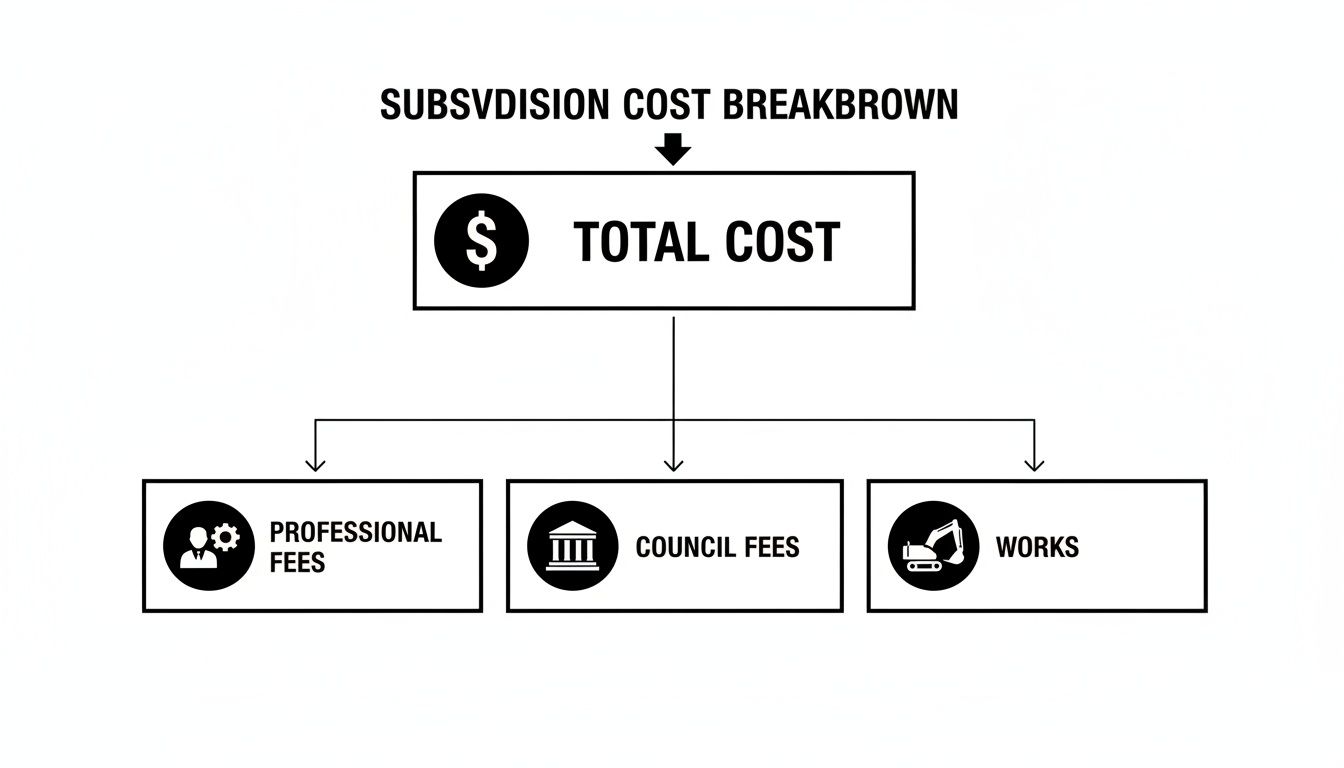 Flowchart showing the breakdown of subdivision costs into professional fees, council fees, and works.