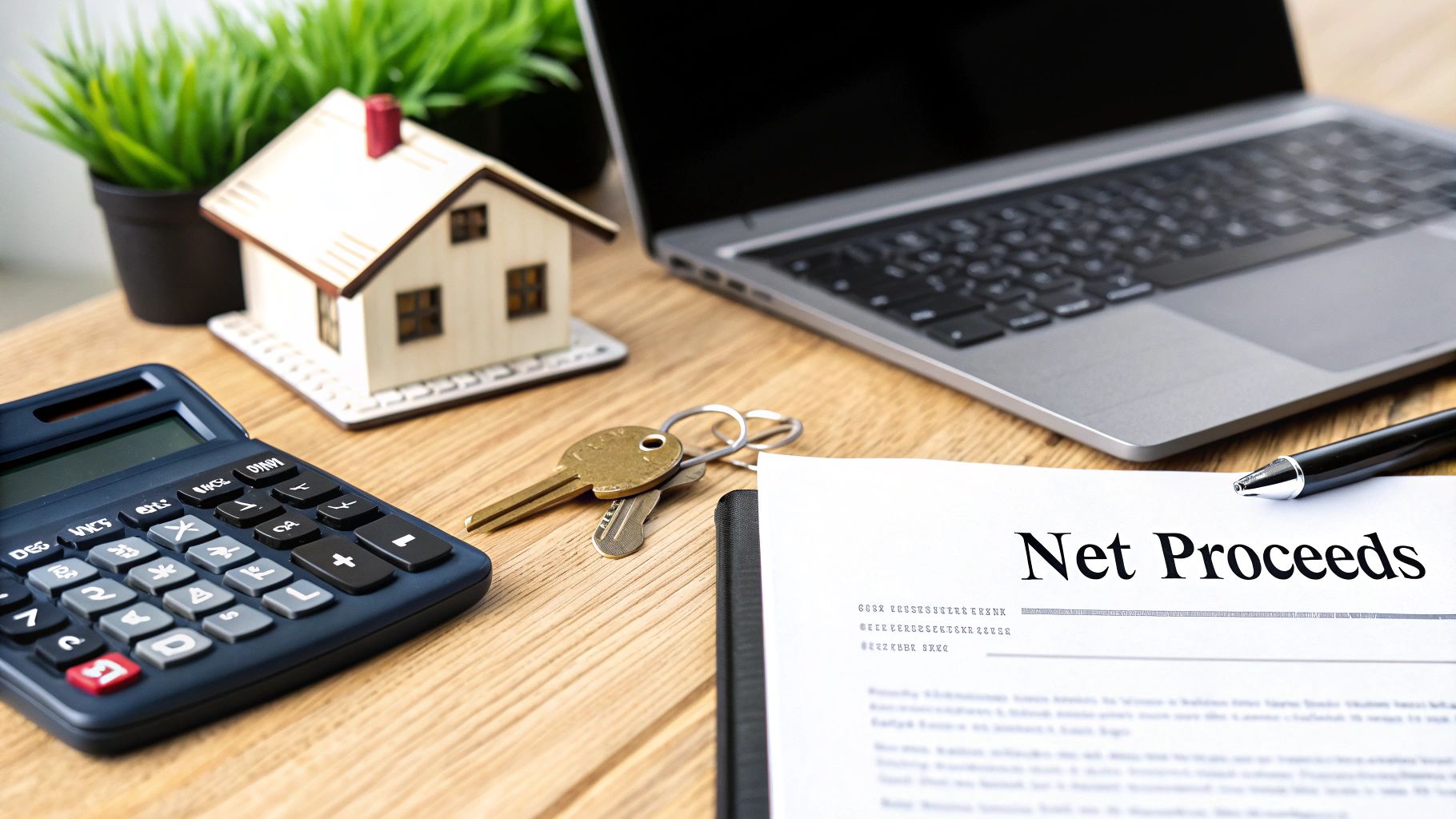 Desk with a house model, calculator, keys, and 'Net Proceeds' document for real estate calculations.