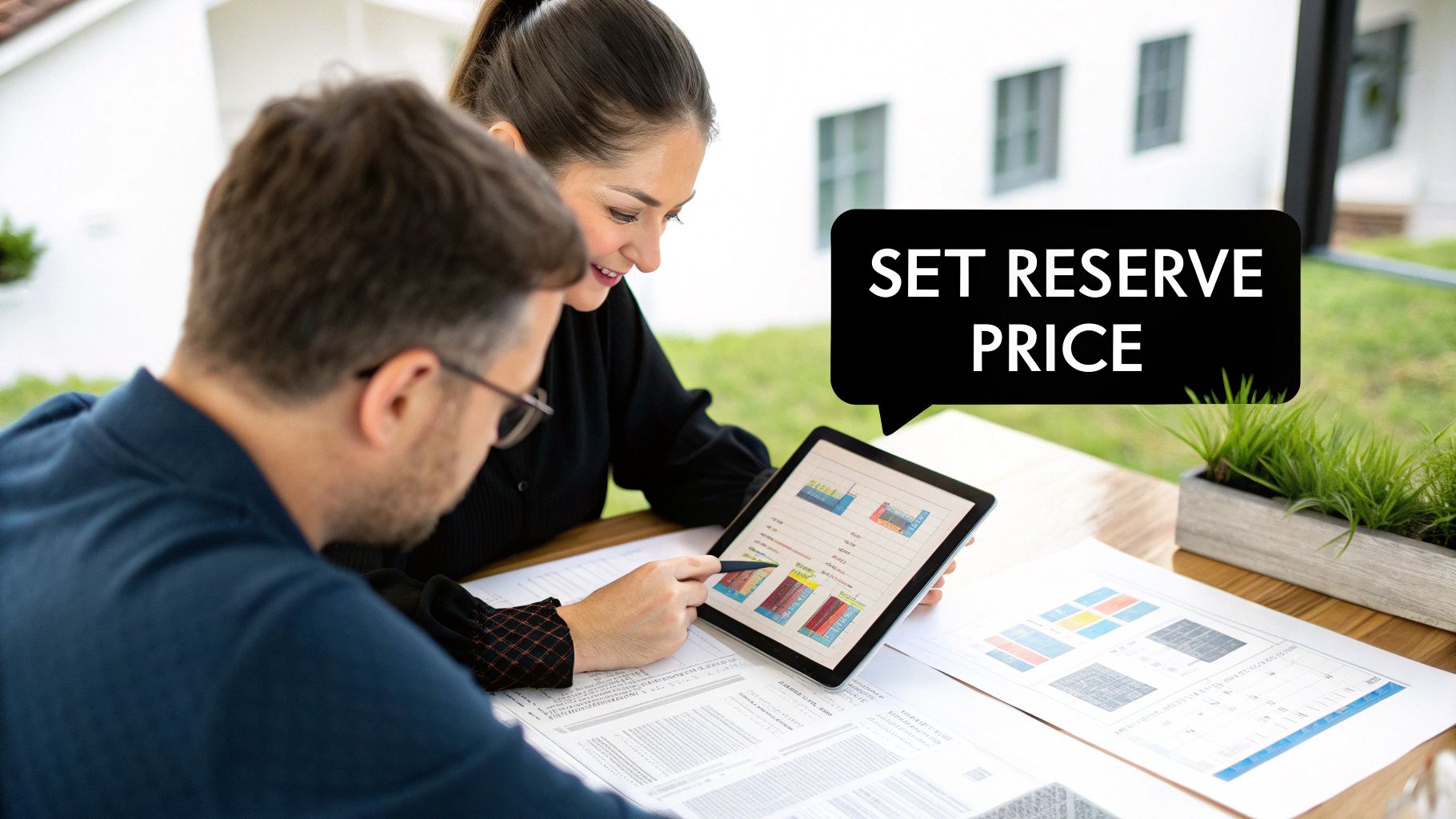 Two business professionals review data on a tablet, discussing setting a reserve price.