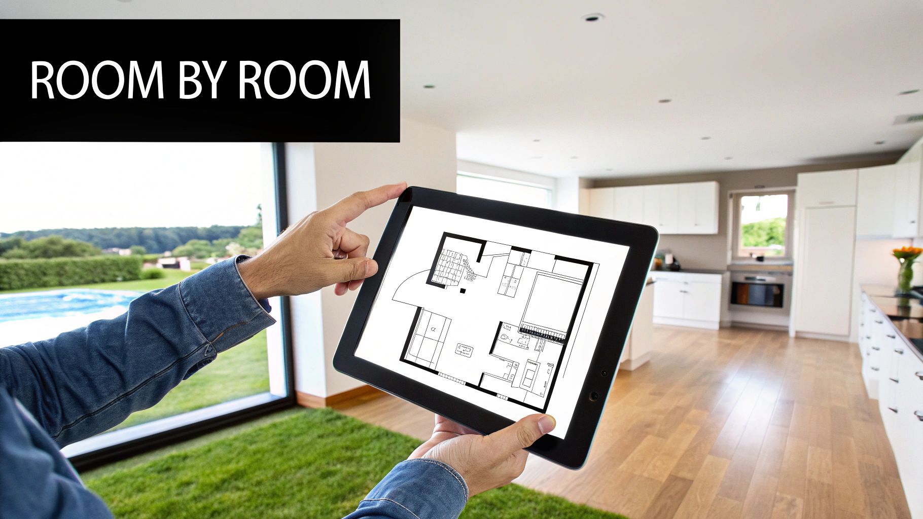 Hands holding a tablet displaying a house floor plan, with a modern interior and outdoor view.