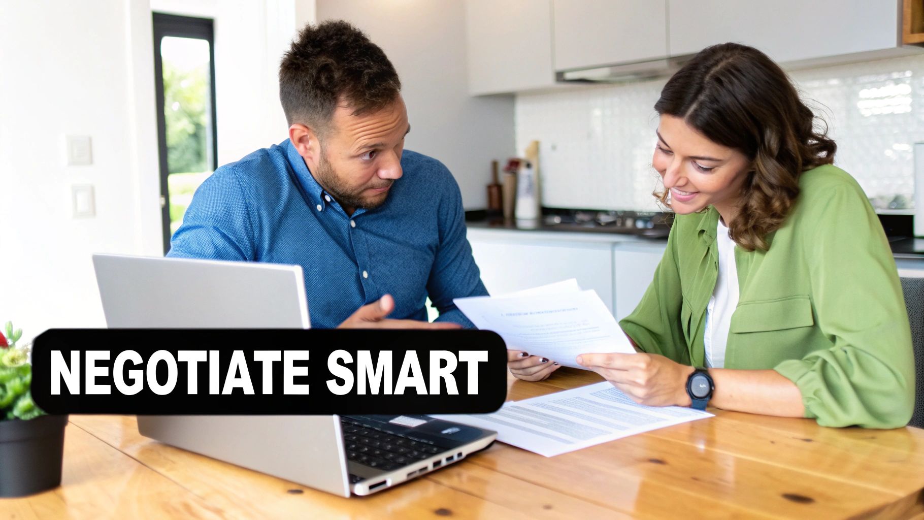 Two people discussing documents and a laptop at a table with 'NEGOTIATE SMART' text.