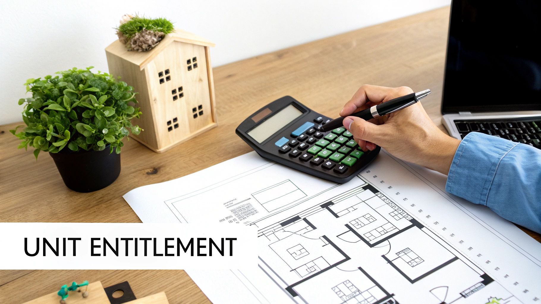 Person using calculator on a desk with house blueprint, miniature house, and laptop.