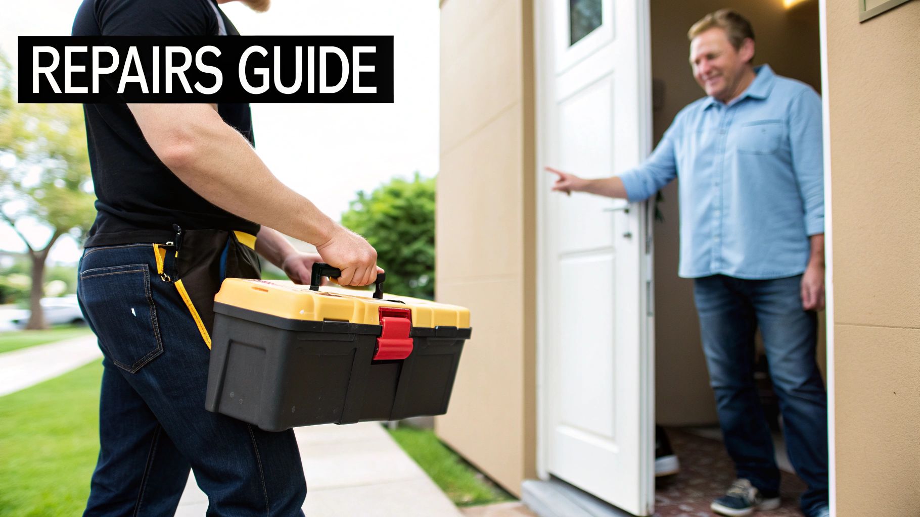 A repairman carrying a toolbox approaches a smiling homeowner at an open front door for service.