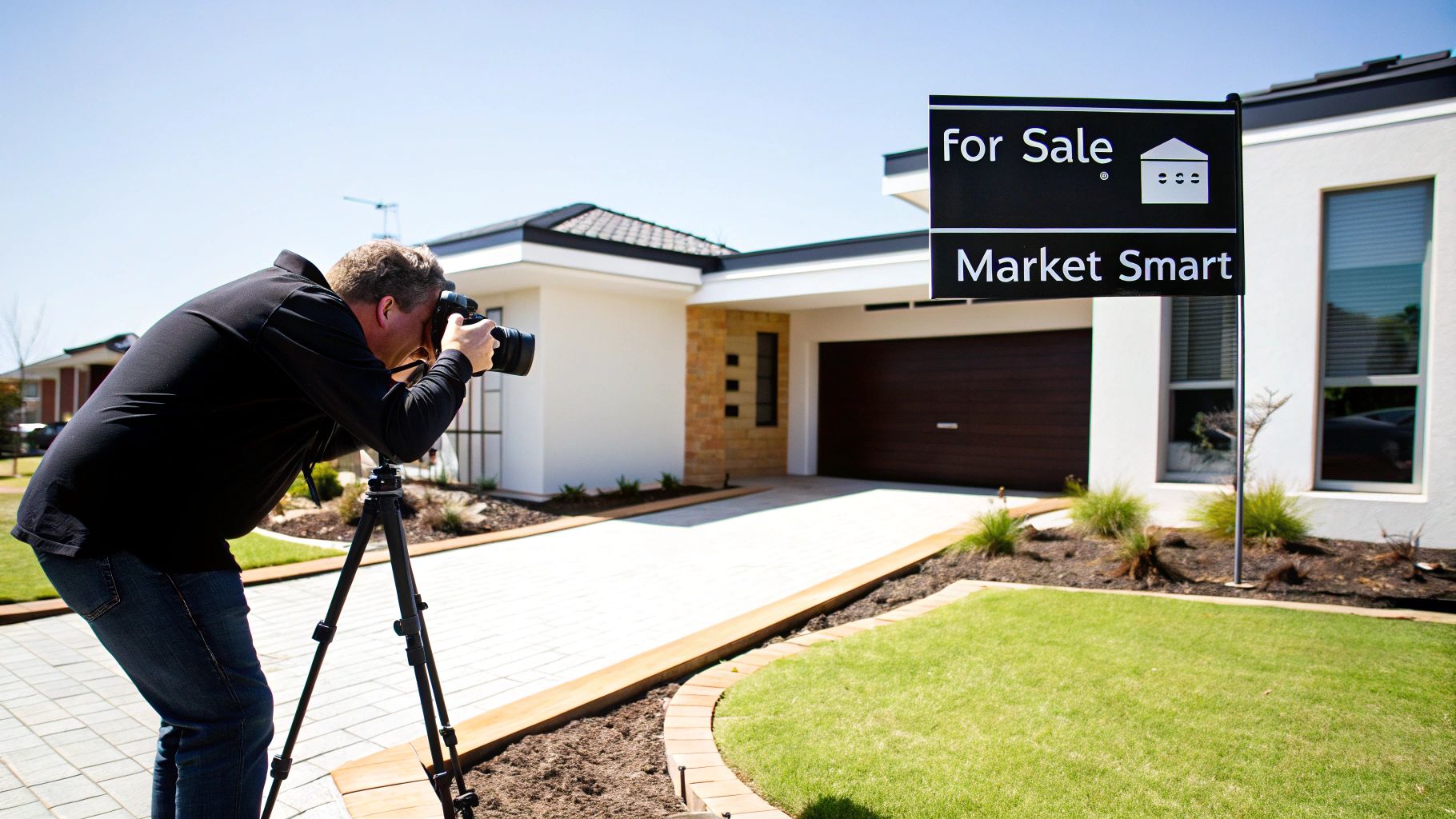 Professional photographer takes pictures of a modern house for sale on a sunny day.