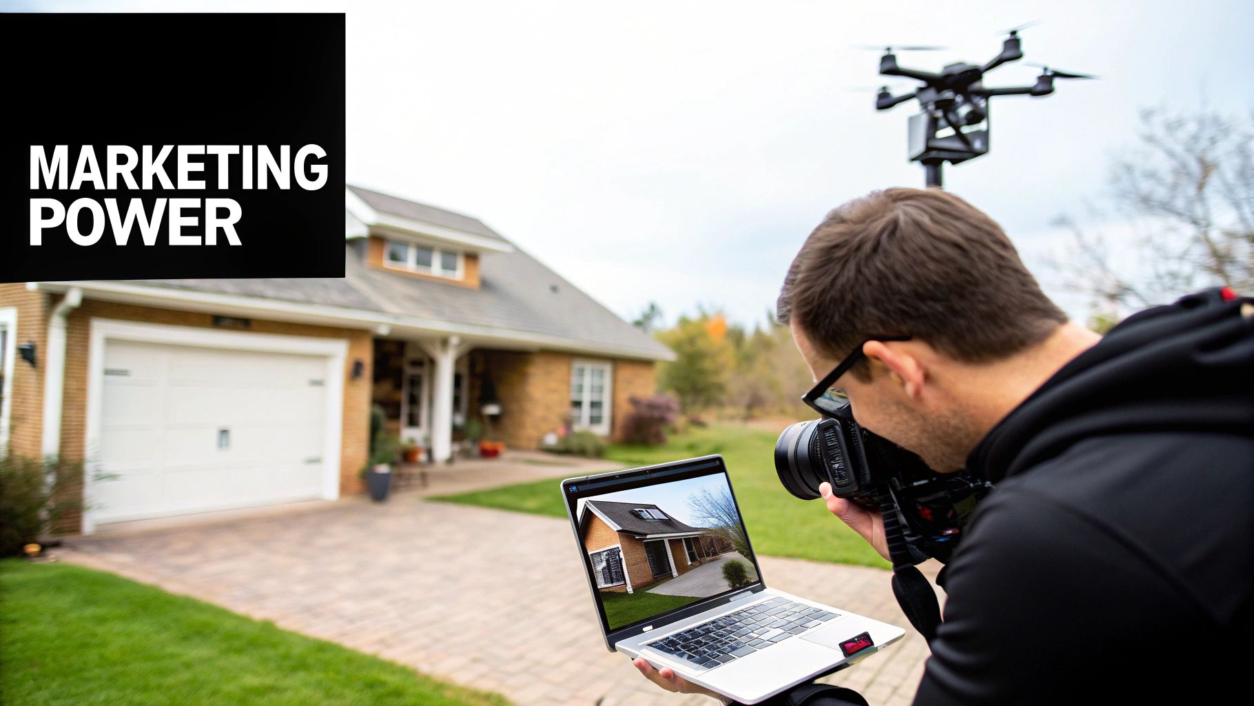 A filmmaker capturing footage of a house with a drone, viewing it on a laptop for real estate marketing.