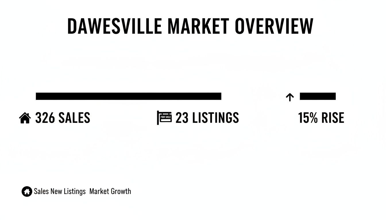 Dawesville market overview displaying 326 sales, 23 listings, and a 15% market growth rise.