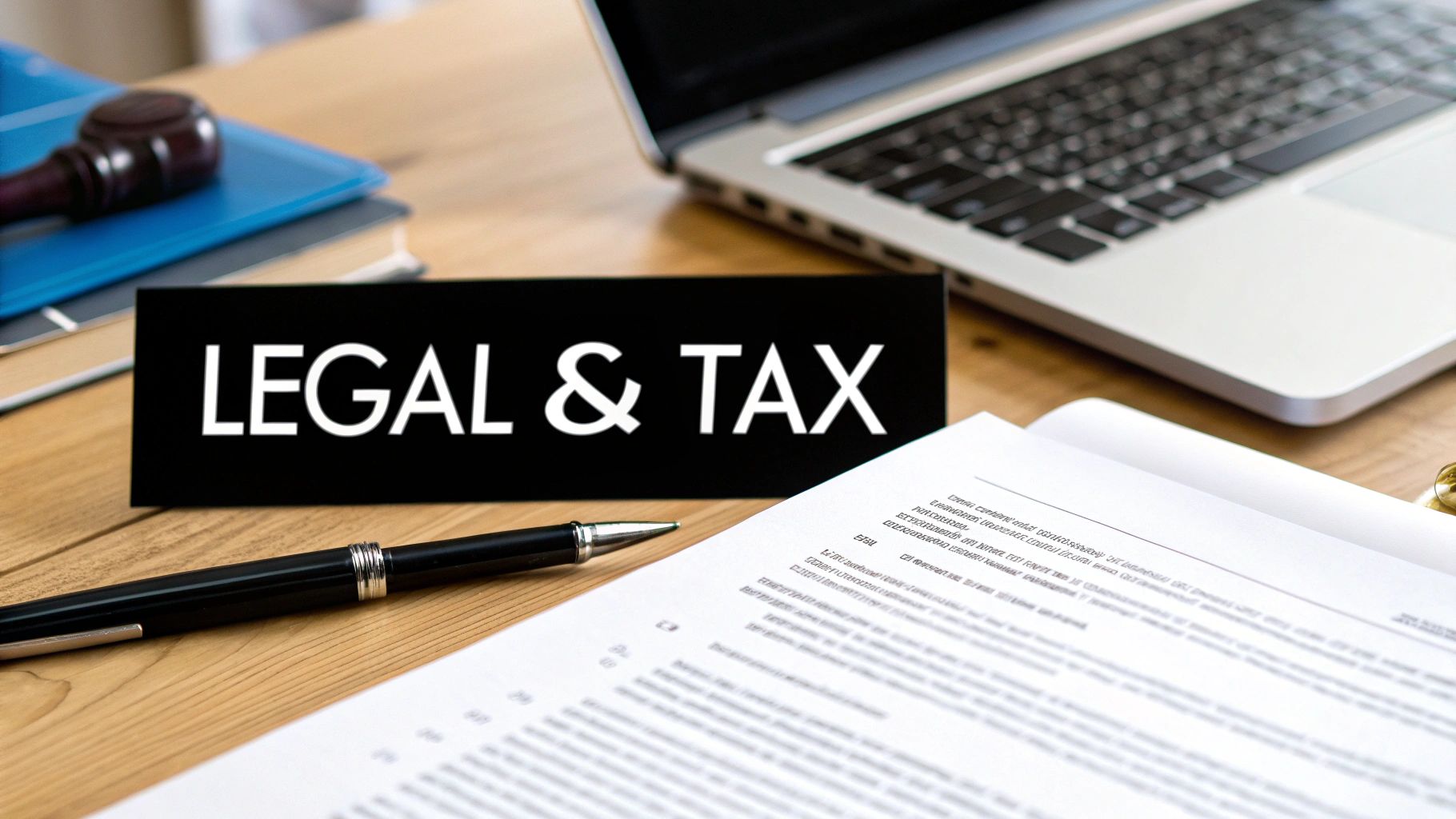 Legal and tax documents on desk with laptop, pen, and gavel for professional consultation