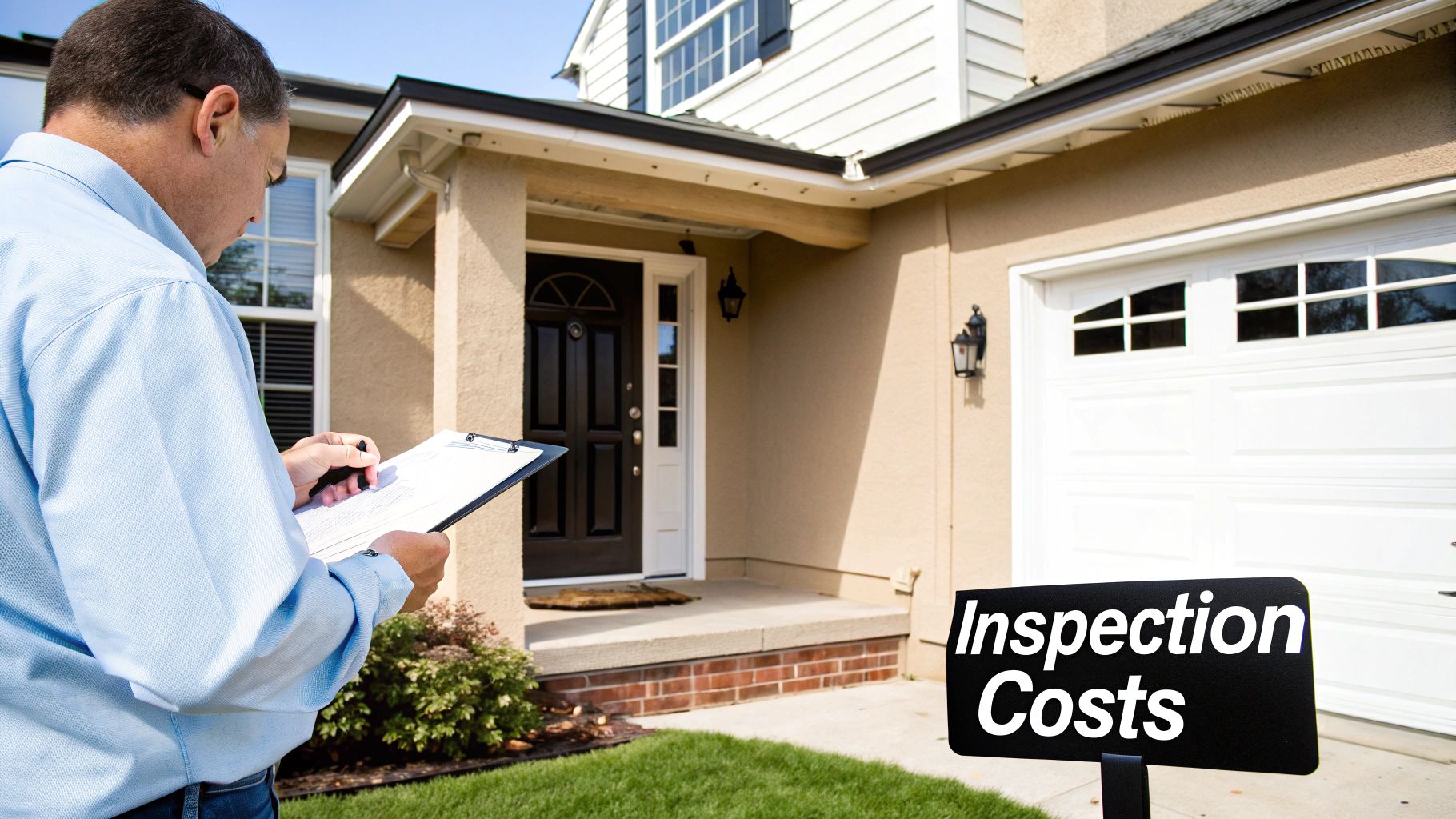 Professional home inspector reviewing property checklist outside residential house with clipboard discussing inspection costs