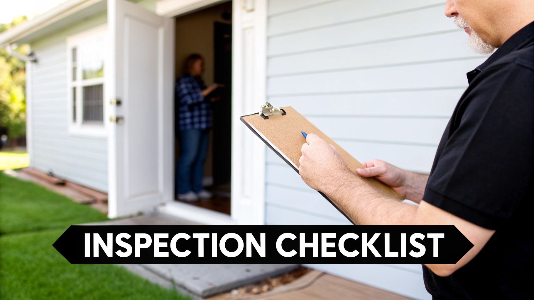 A person holding a checklist and inspecting a modern home