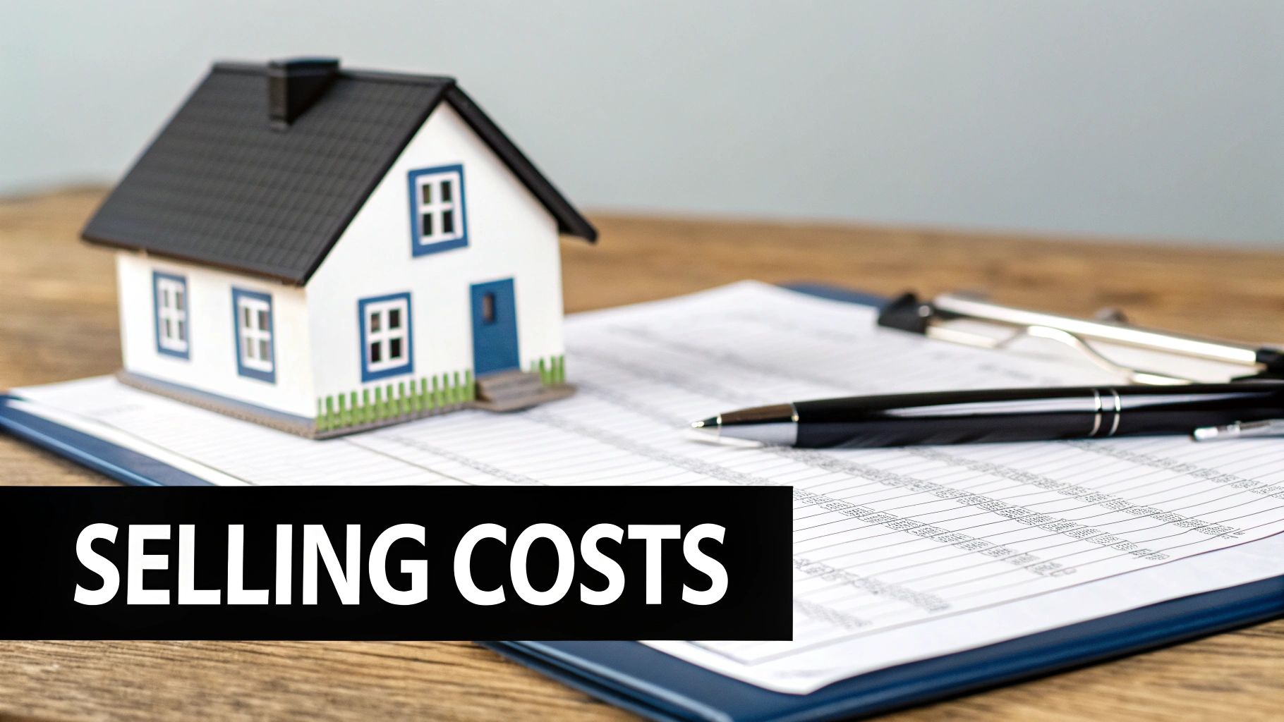 A miniature house model, pen, and financial documents with 'SELLING COSTS' text, illustrating real estate expenses.