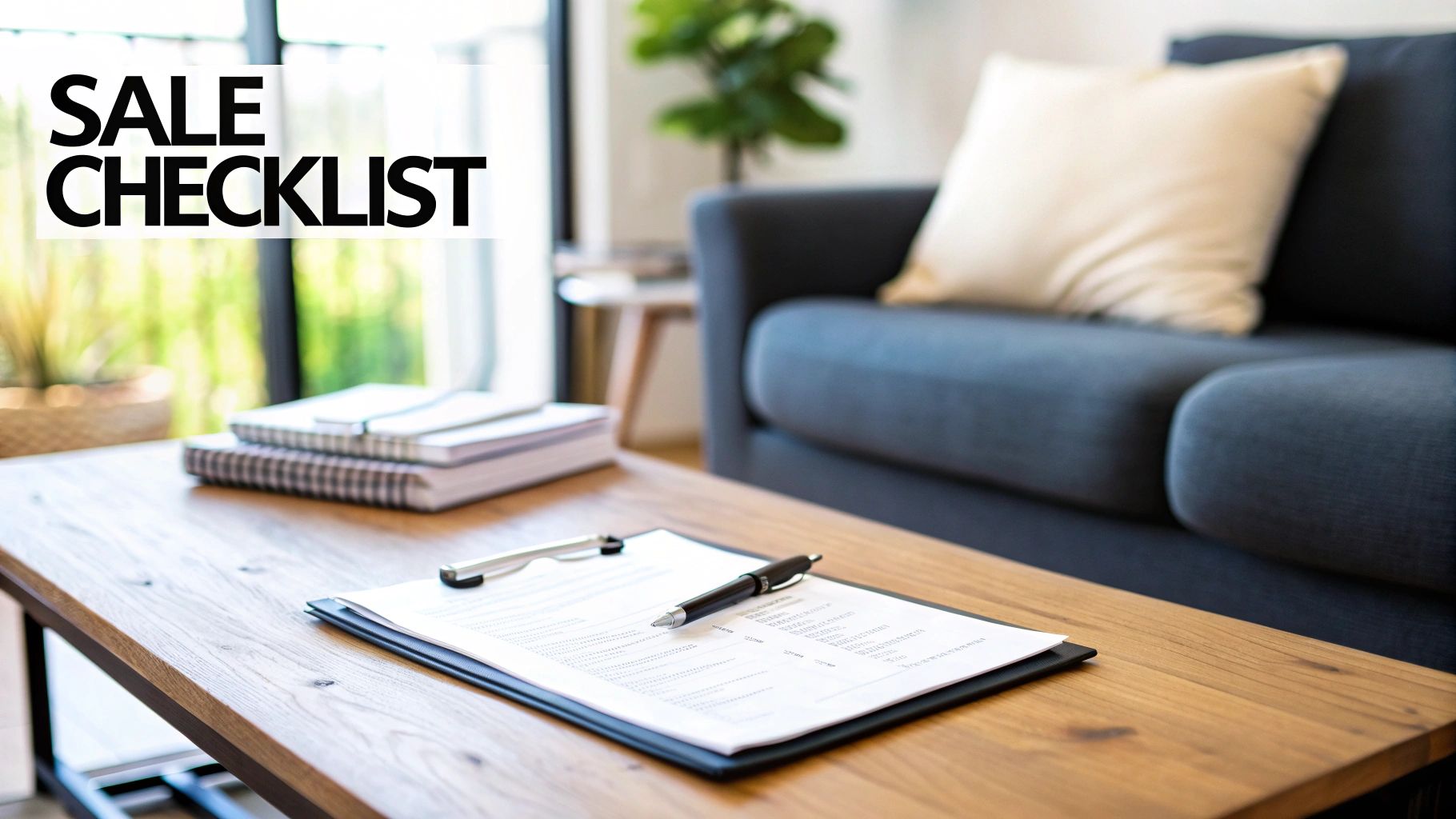 A "SALE CHECKLIST" document, pen, and notebooks on a wooden table in a modern living room.