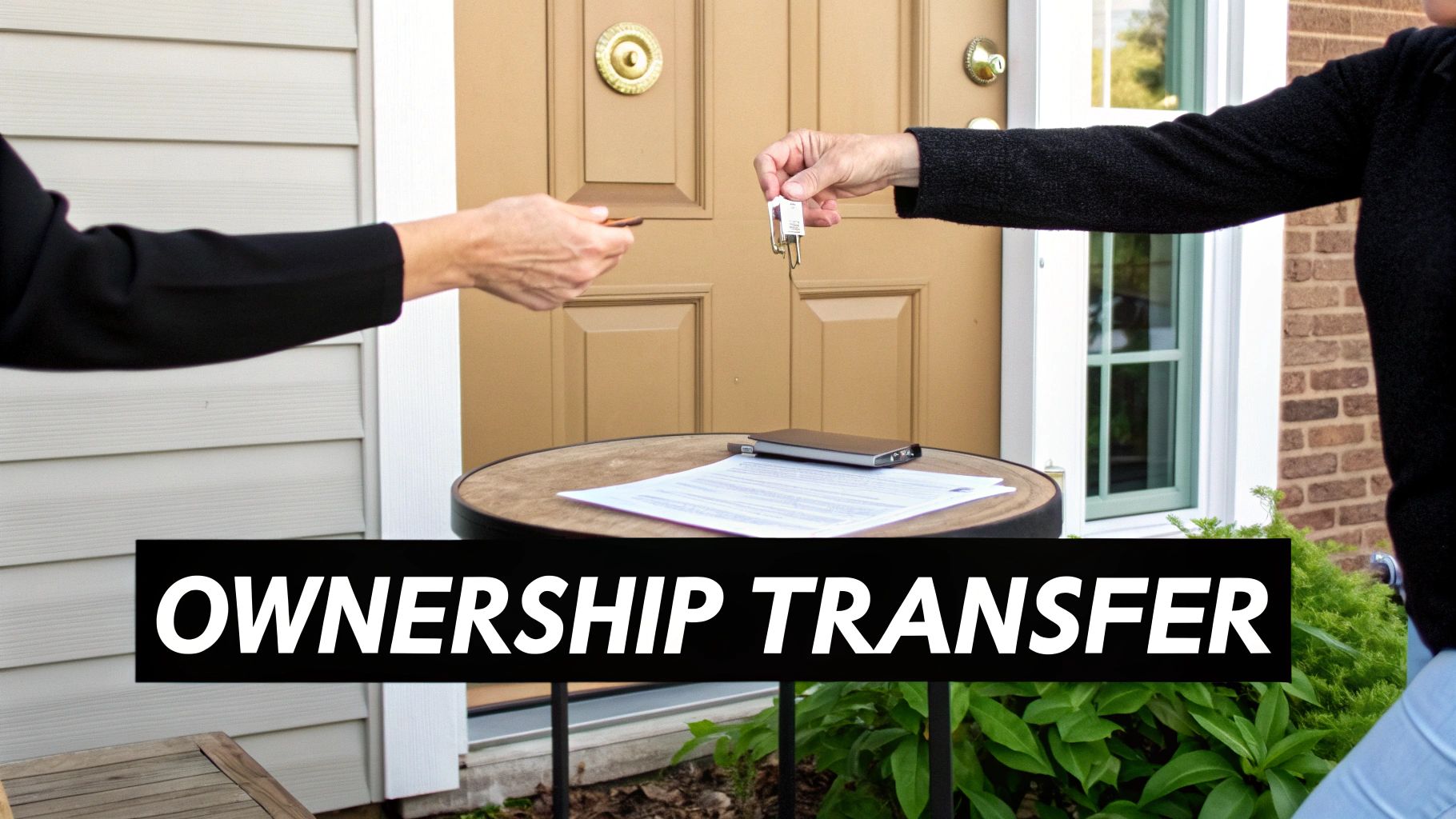 A set of house keys being handed over, symbolizing the transfer of property ownership.