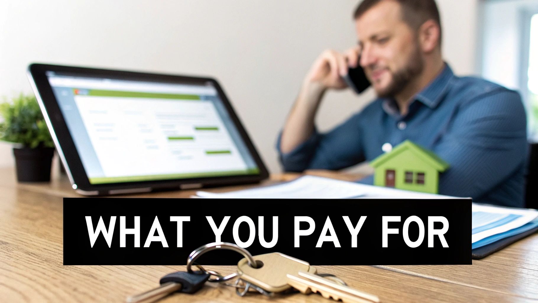 A man on the phone with a tablet, miniature house, and keys, overlaid with 'WHAT YOU PAY FOR'.