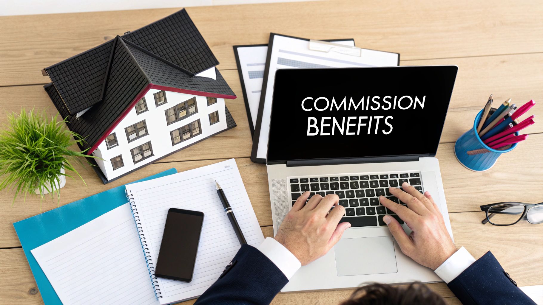 A real estate agent discussing a marketing plan with a client at a desk.