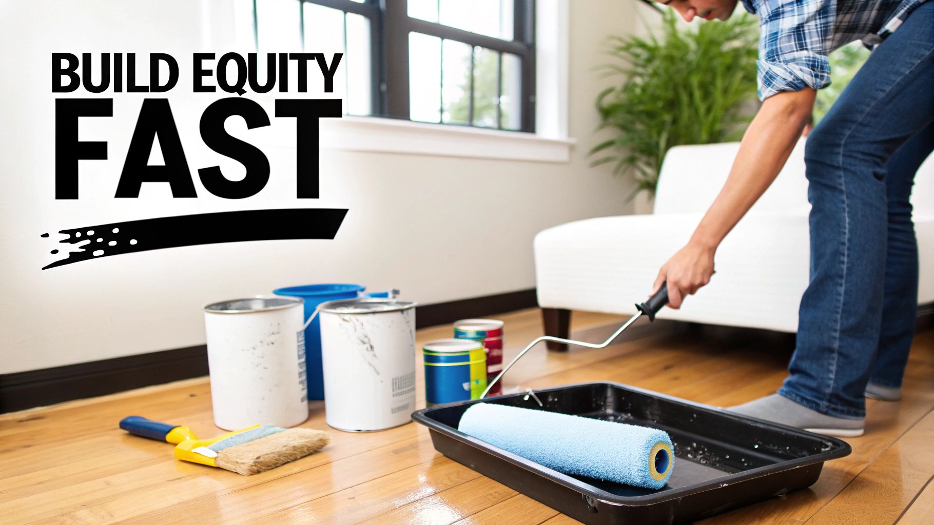 A split image showing one side with a person making an extra mortgage payment and the other side showing a modern kitchen renovation, representing two ways to build equity.