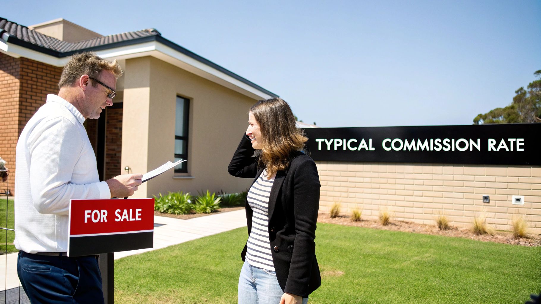 A real estate agent discusses property details with a client in front of a house with a "FOR SALE" sign.