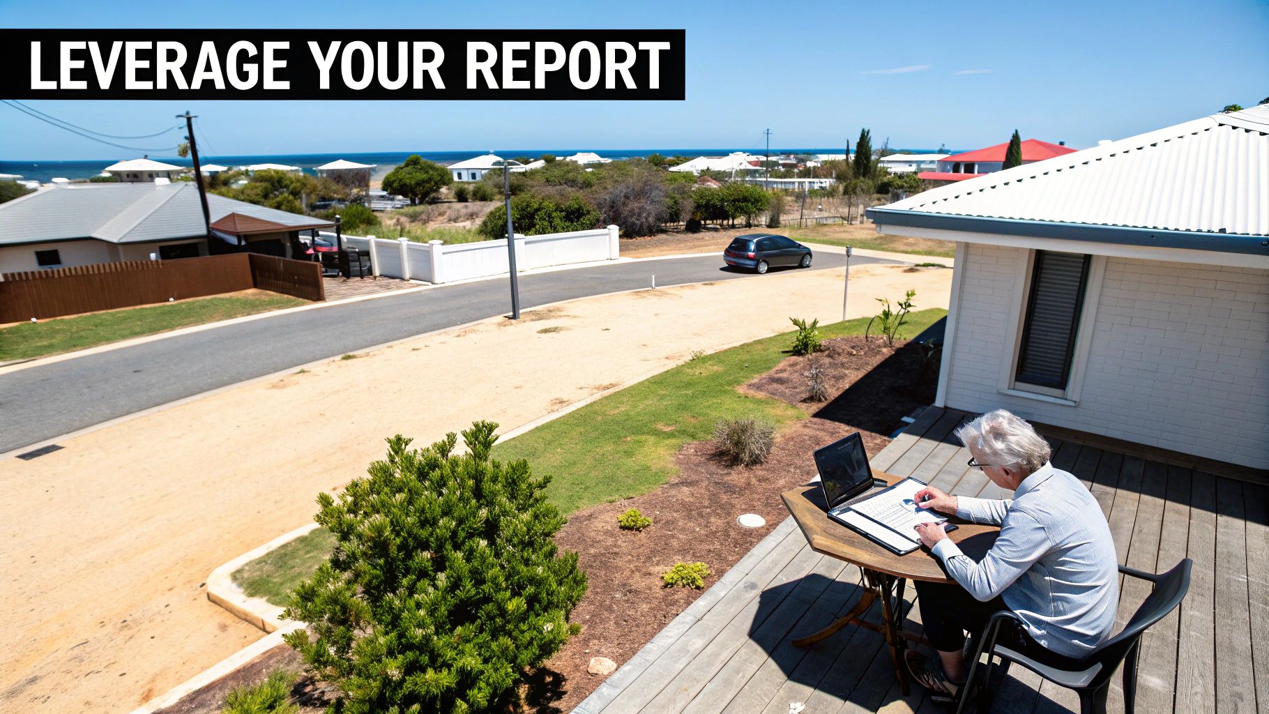 An older person reviews a report on a deck with a laptop, overlooking a coastal neighborhood.