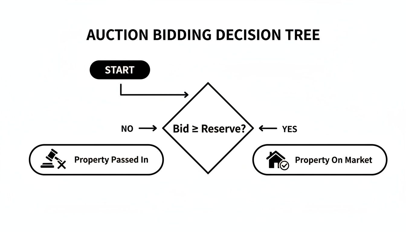Flowchart illustrating an auction bidding decision tree based on whether the bid meets the reserve price.
