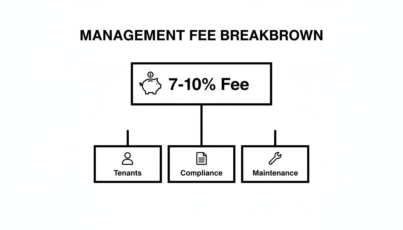 Flowchart illustrating a property management fee breakdown into tenants, compliance, and maintenance categories.