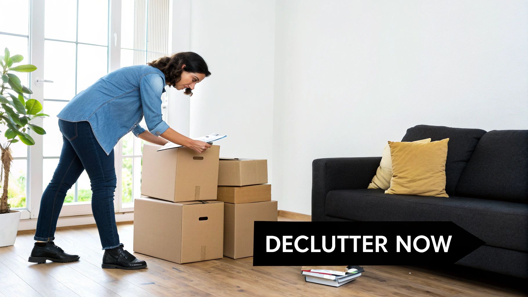 Woman in denim shirt checking a clipboard while packing cardboard boxes in a bright room.