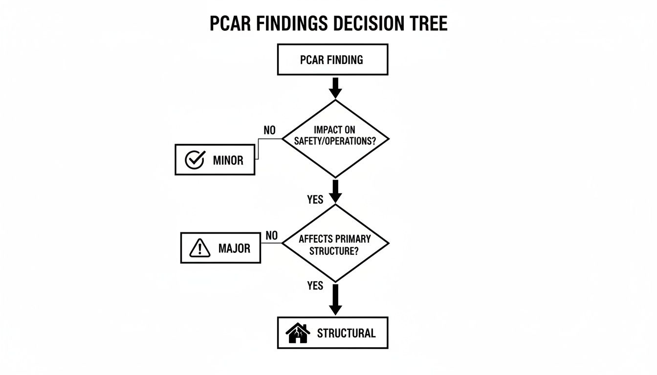 Flowchart classifying PCAR findings: Minor if no safety impact, Major if safety impact but no structural, Structural if primary structure affected.