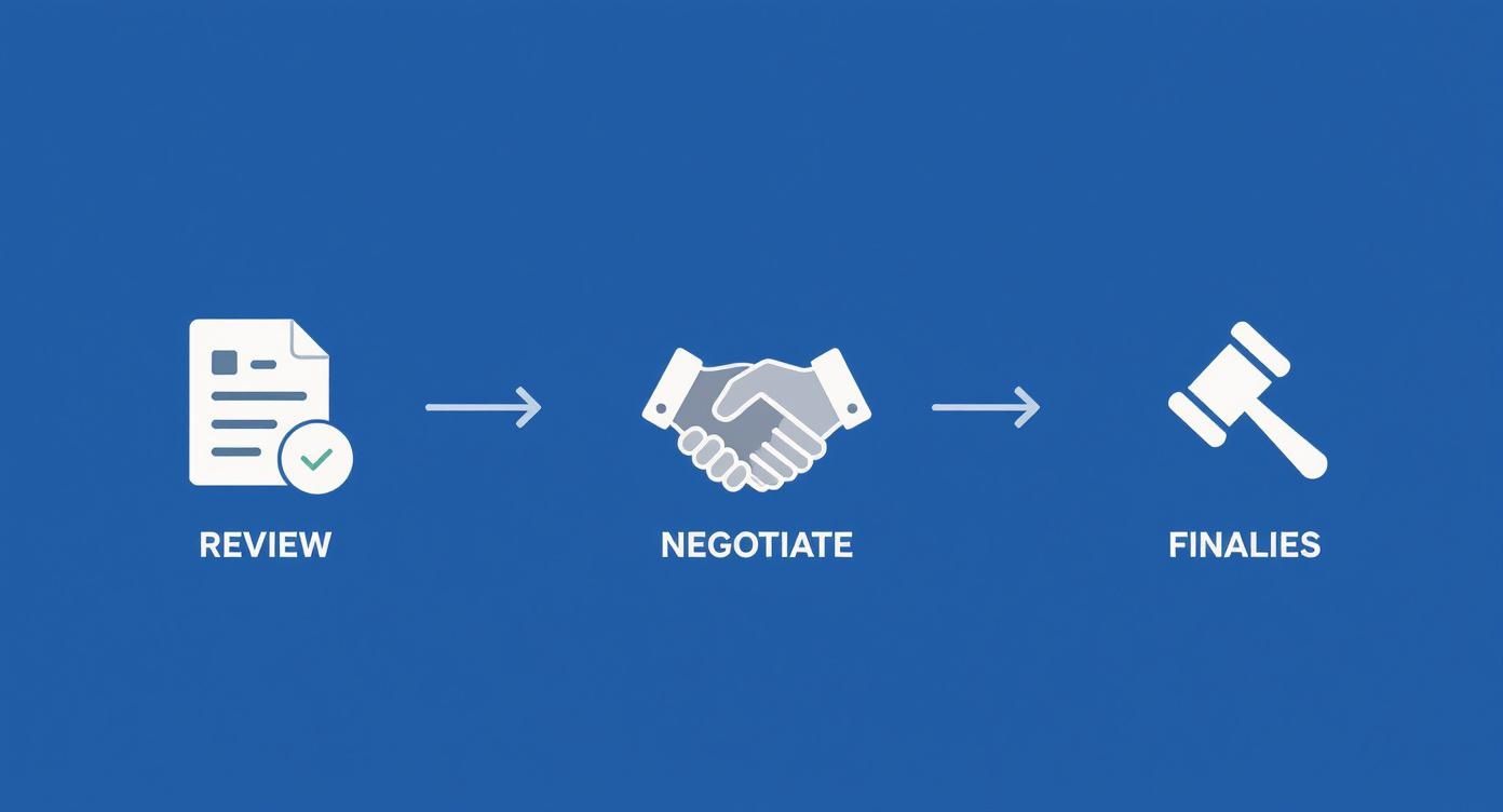 A three-step process diagram illustrating document review, negotiation handshake, and finalization with a gavel.