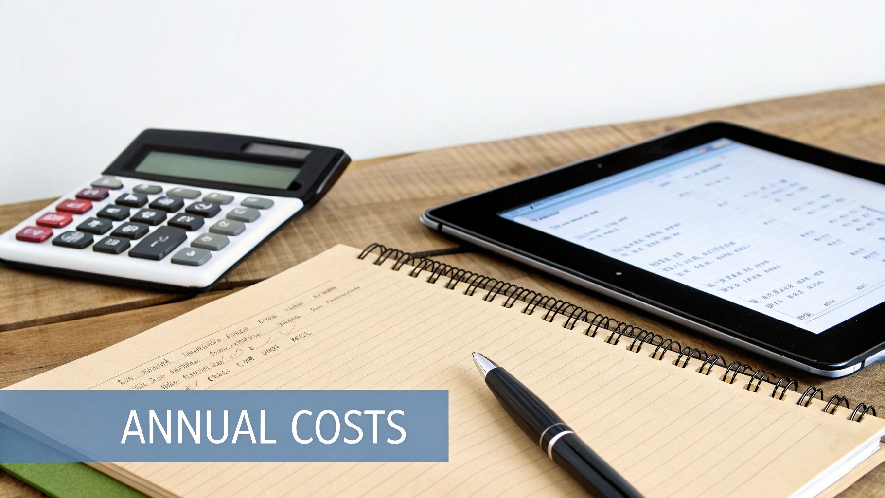 Calculator, tablet, notebook, and pen on a wooden desk for annual cost analysis.