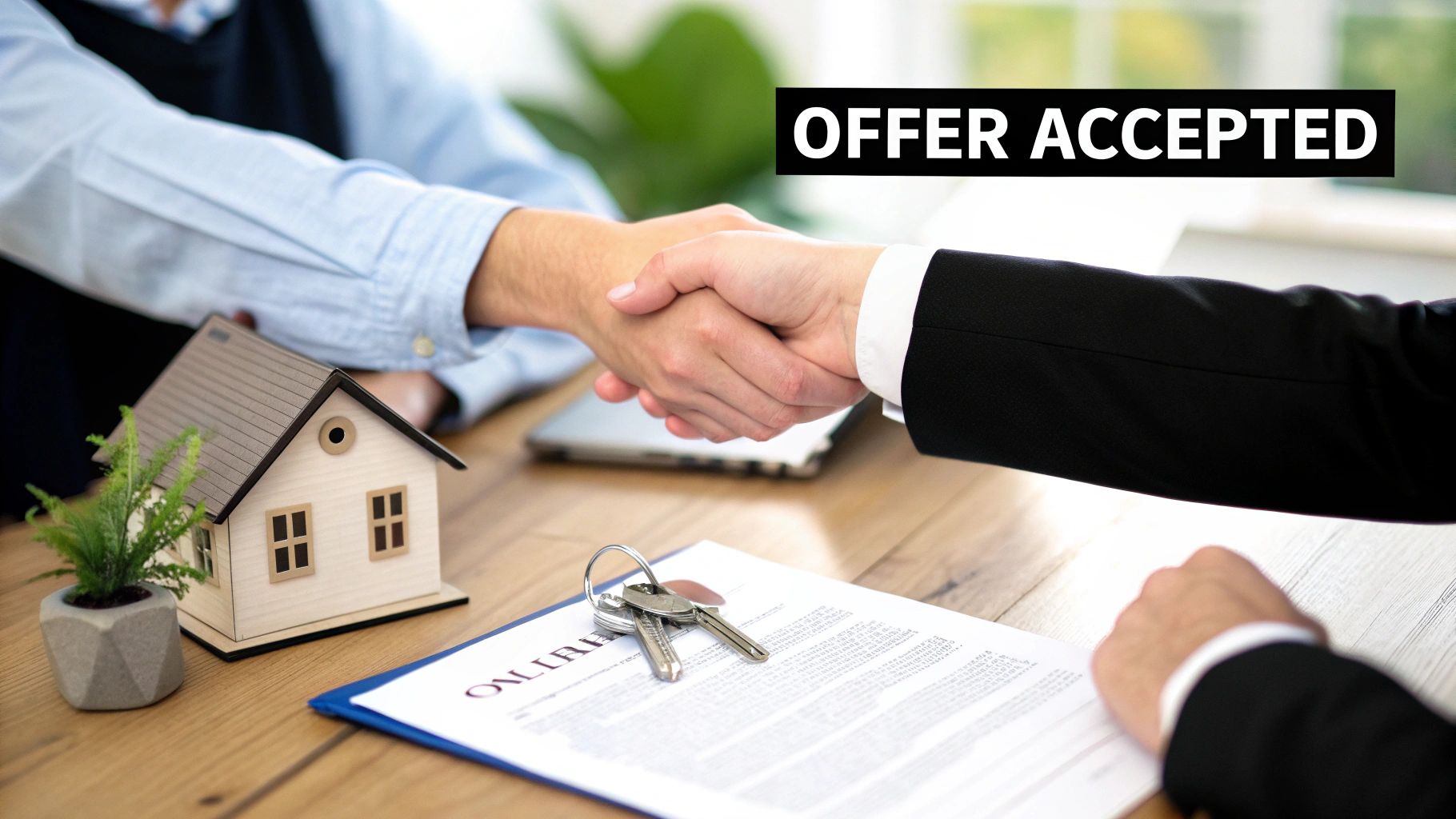 Two people shaking hands over a real estate contract, miniature house, and keys, symbolizing an accepted offer.