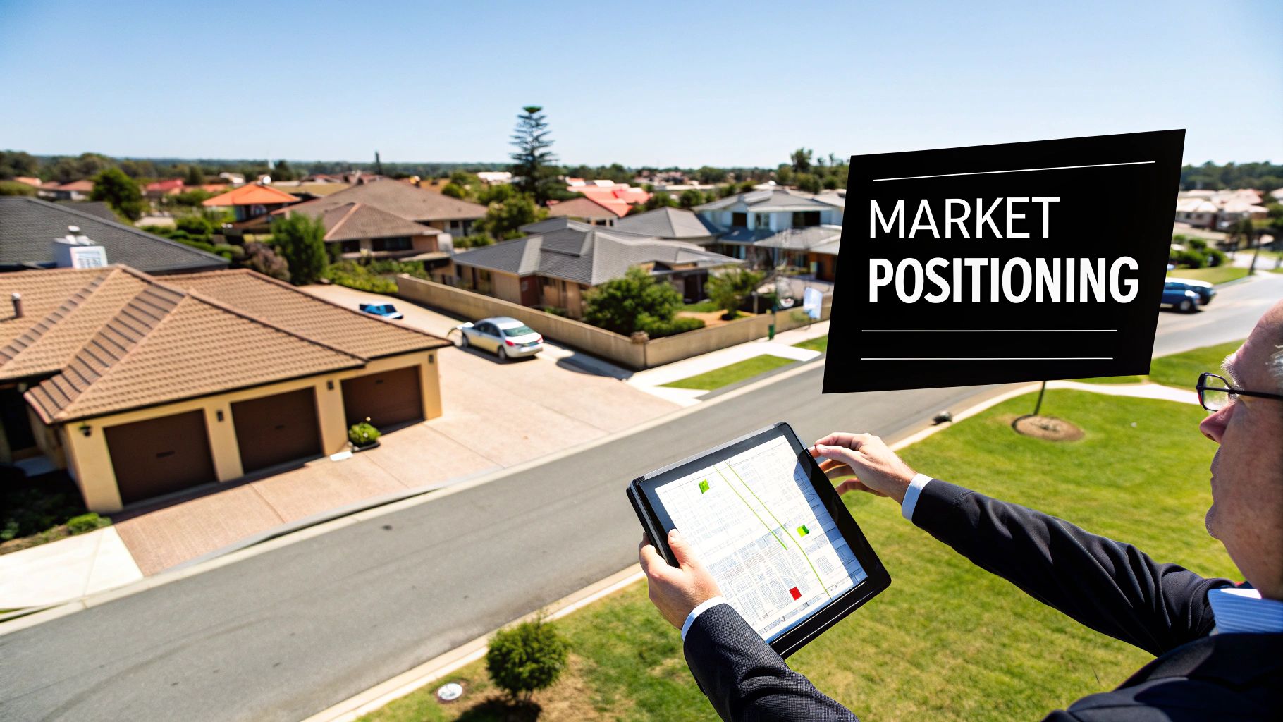 Person holding a tablet overlooking a residential area with houses and streets, with 'MARKET POSITIONING' text.