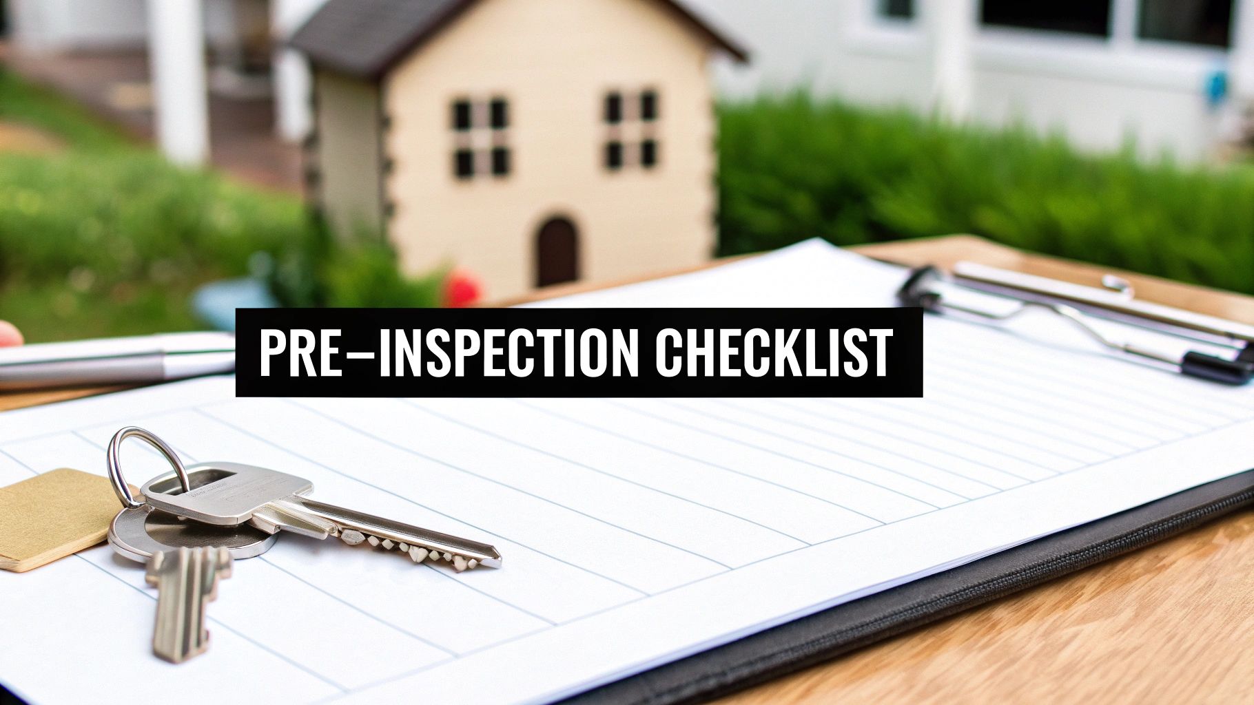 A person holding a clipboard with a checklist in front of a house.