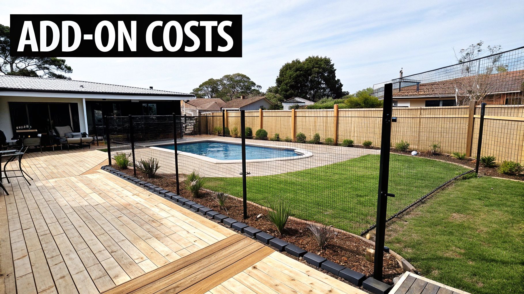 A modern glass pool fence surrounding a beautifully landscaped pool area with timber decking and lush plants.