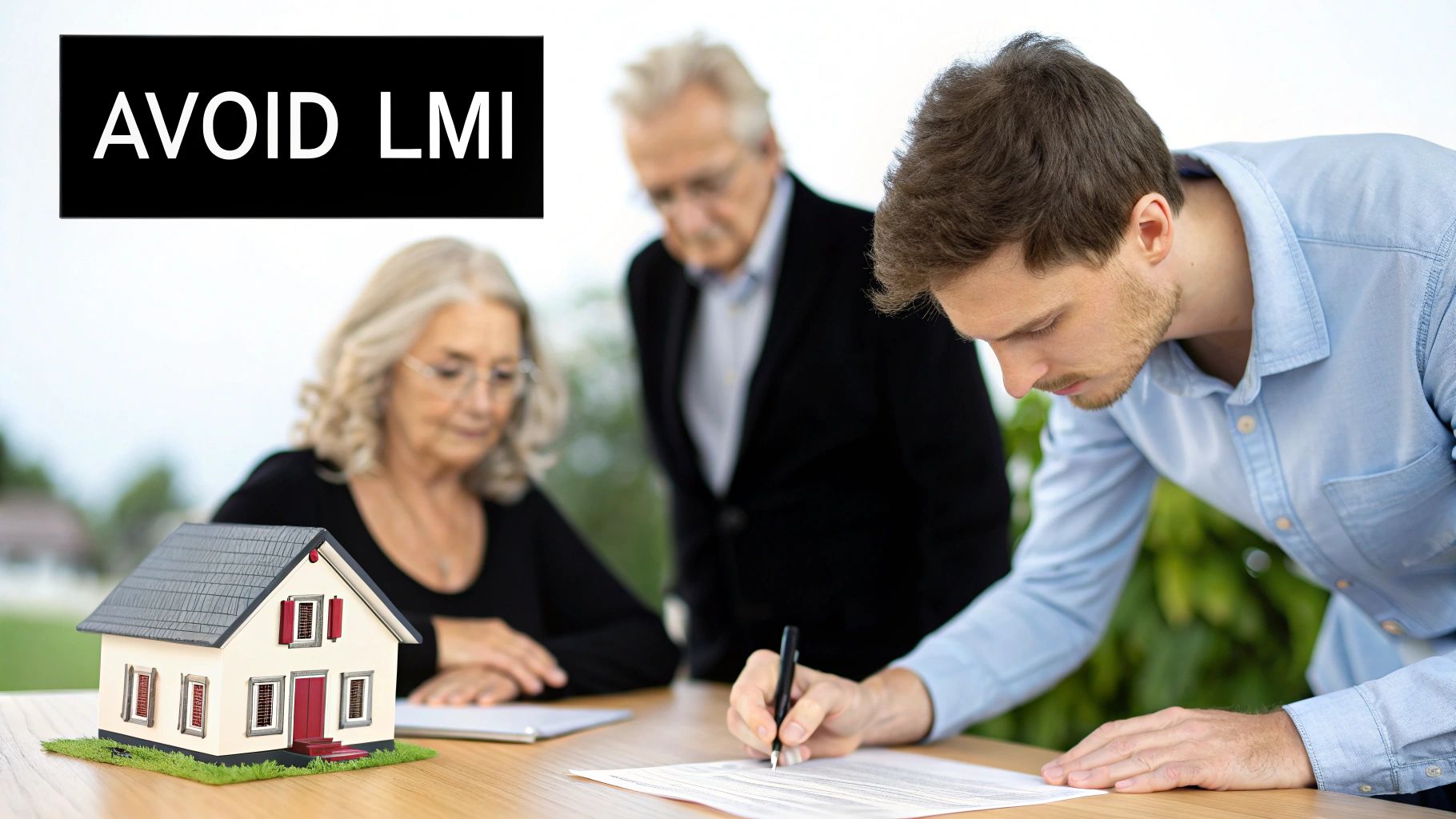 A young man signs mortgage documents, with an older couple and a model house, indicating advice to avoid LMI.