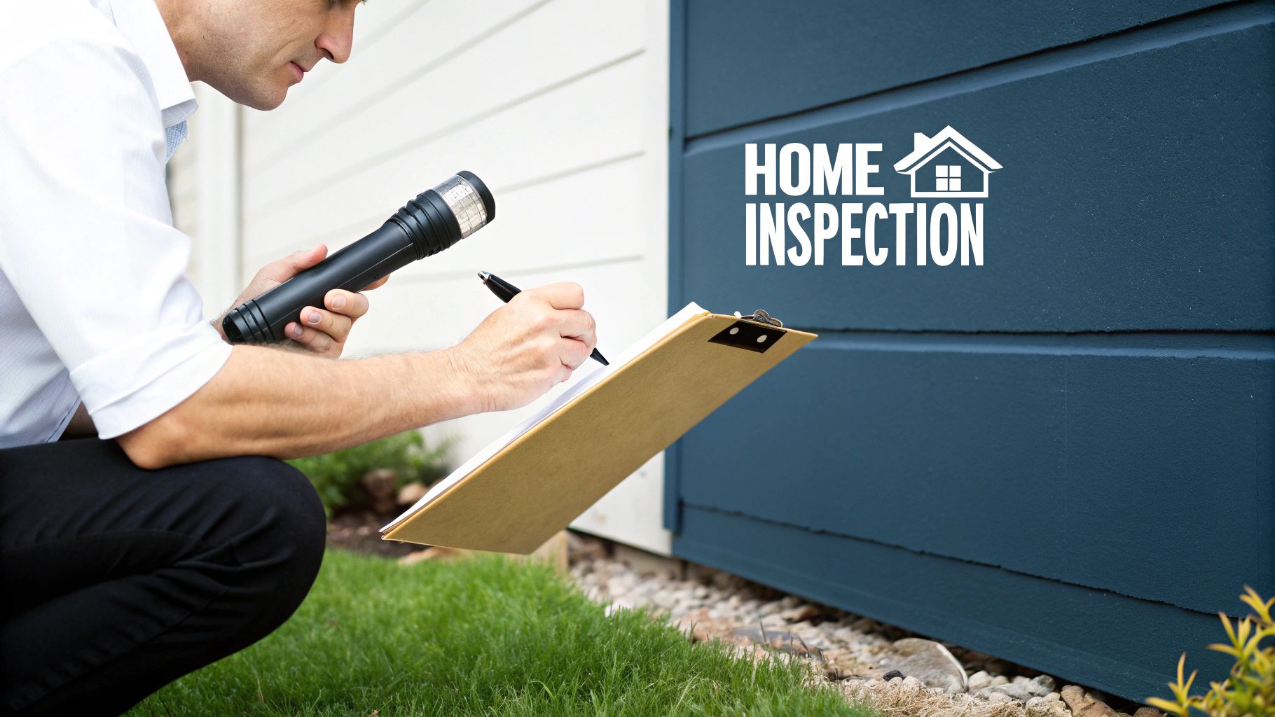 Man inspecting house exterior with a flashlight and clipboard, representing a home inspection.