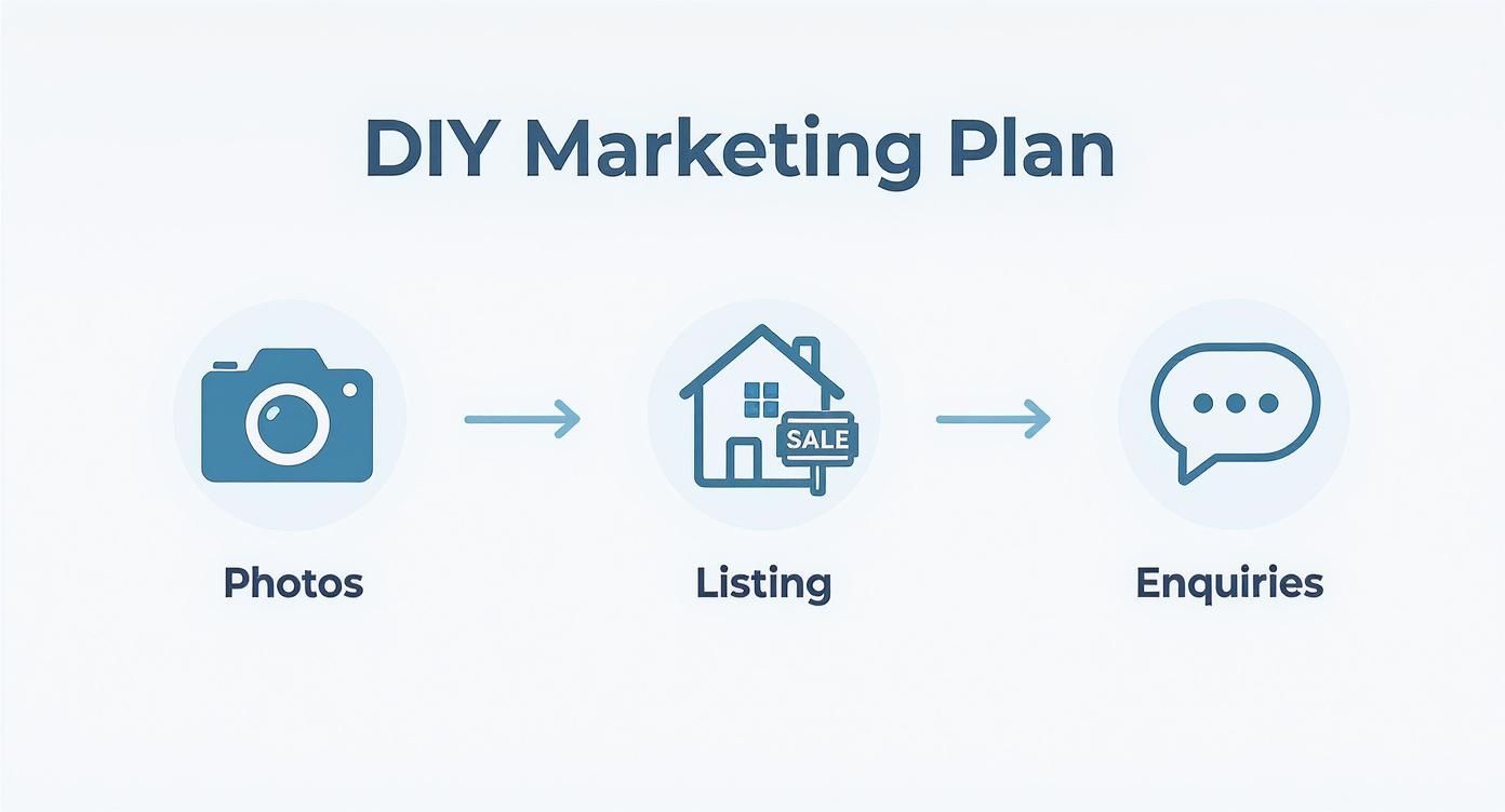 DIY marketing plan diagram showing steps: Photos, Listing, and Enquiries for selling a property.