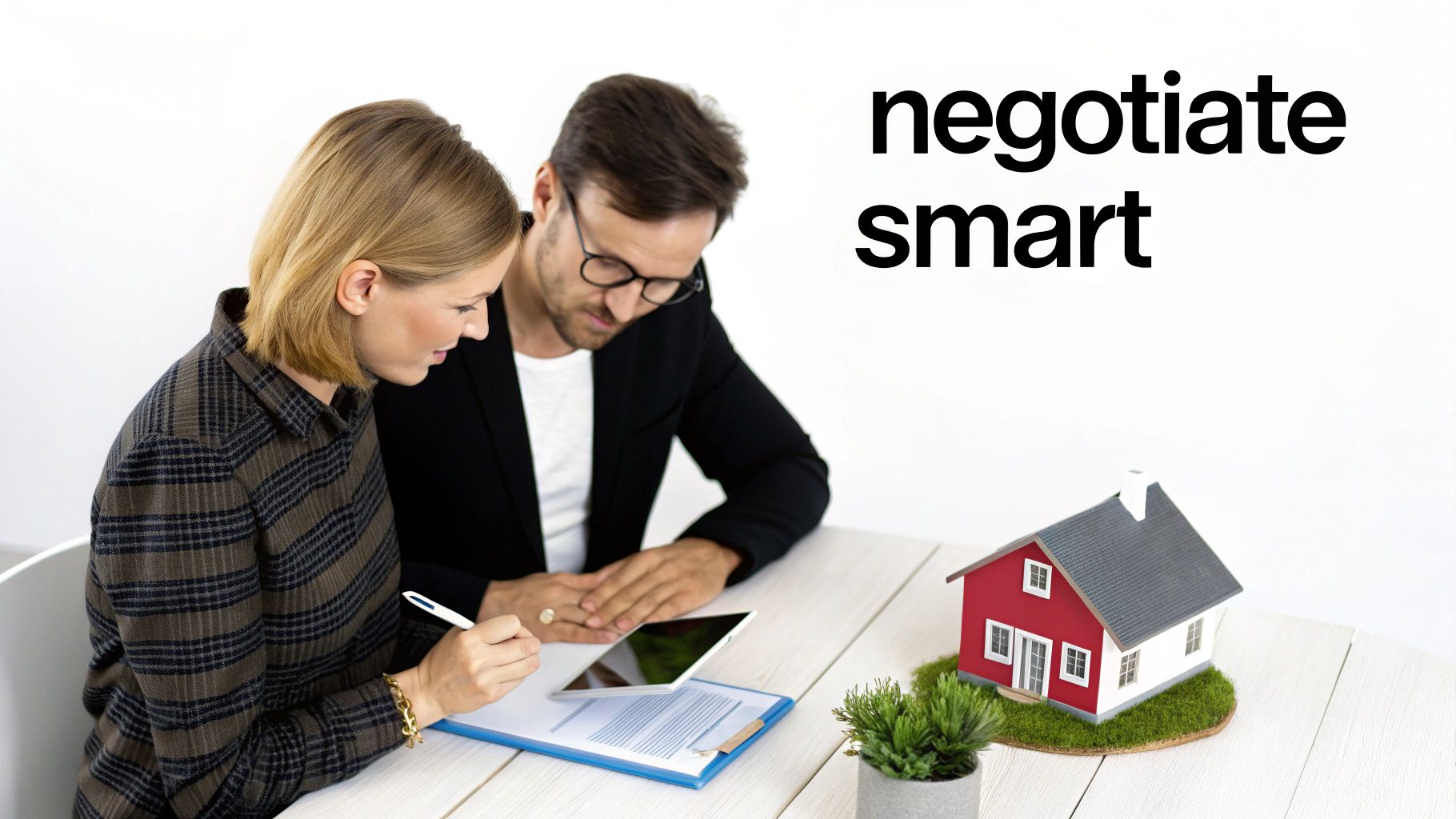 Real estate professionals reviewing building inspection documents with model house on desk