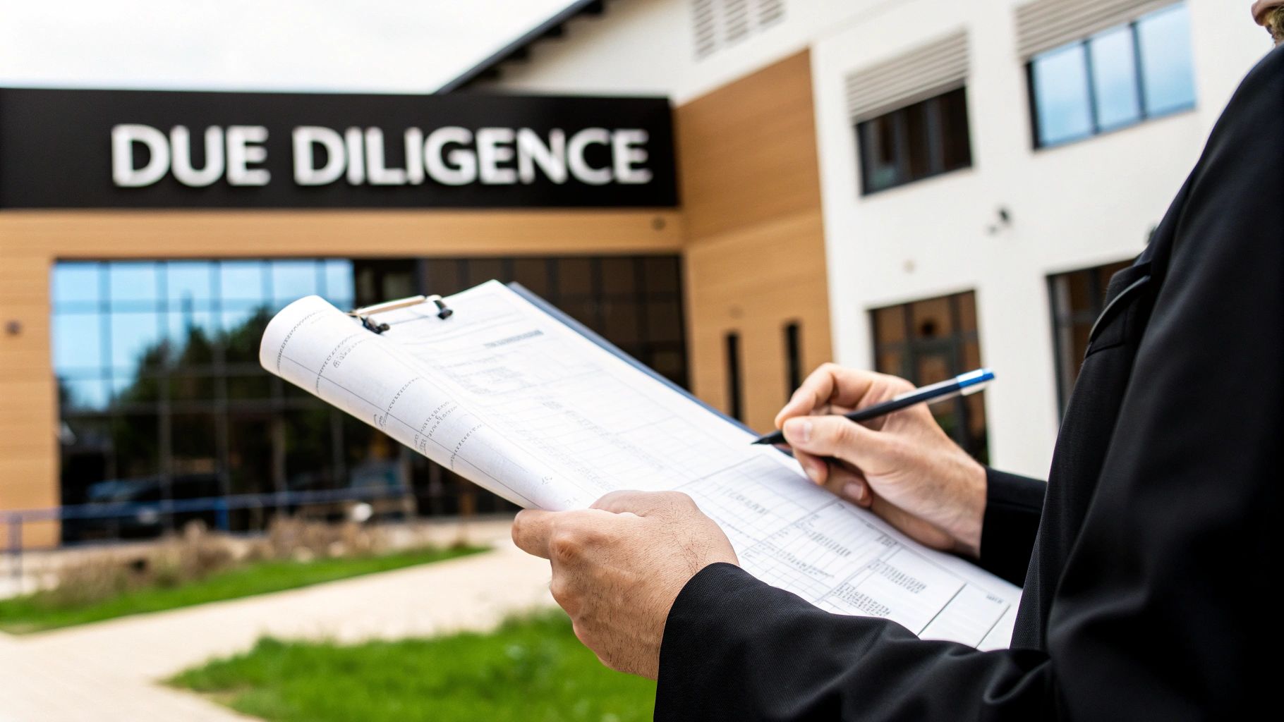 A person inspecting blueprints on a wooden table with a hard hat and coffee nearby.